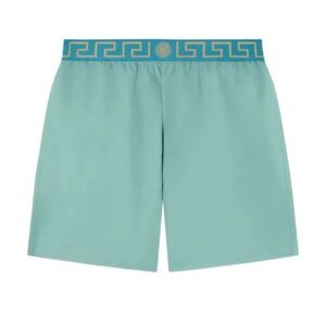 Versace Light Teal Swim Shorts with Gold Greca Waistband
